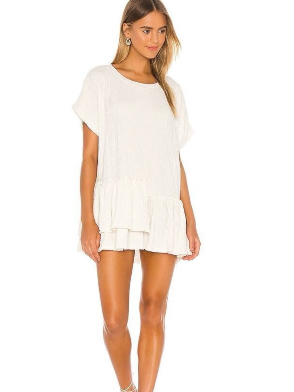 Free People Beach Mini Dress Sz L Gauze Crinkle Ruffle Oversized Ivory Ruffle